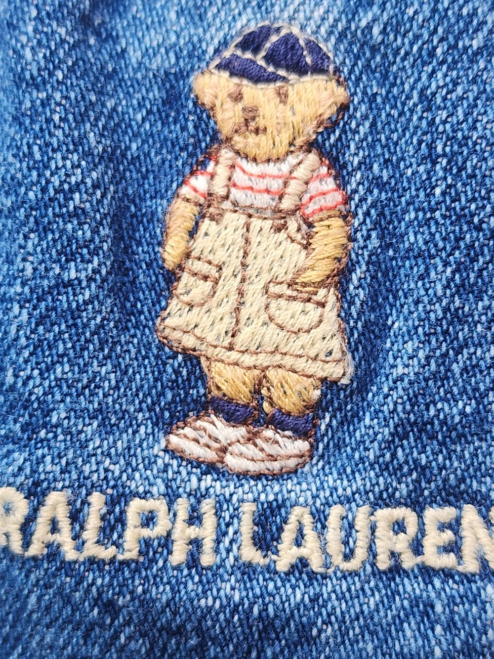 Vintage Ralph Lauren Girls Denim Dress Polo Bear Embroidered Jumper Size 5